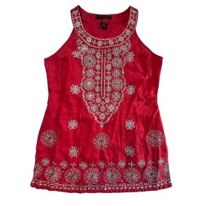 Grace Elements Linen Top Cotton Sleeveless Red Sequins Silver Embroidery Artsy M